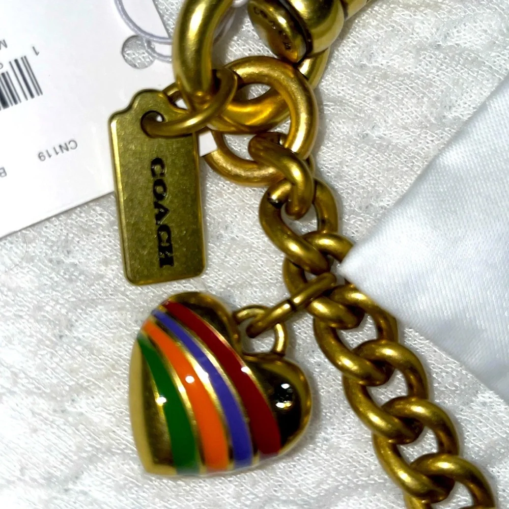NWT Coach Motif Chain Bag Charm Rexy Tea Rose Cherries Heart Brass Mult…